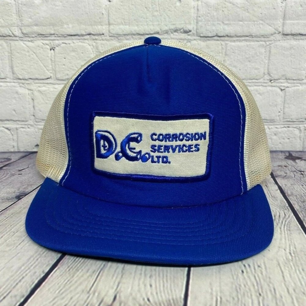 Vintage Trucker Hat Mesh Cap Snapback D.C. Corrosion Services Ltd. Patch Blue